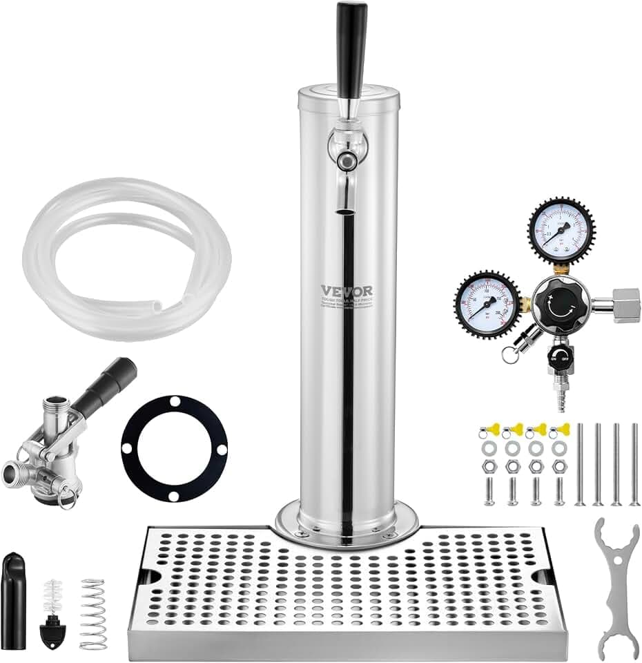 VEVOR Kegerator Tower Kit, Single Tap Beer Conversion Kit, Stainless Steel Keg Beer Tower Dispenser with Dual Gauge CGA320 Regulator & D-System Keg Coupler, Beer Drip Tray for Party Home
