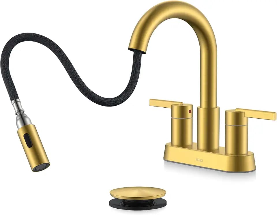 KENES Brushed Gold Centerset 2 Handle Bathroom Faucet with Pull Out Sprayer