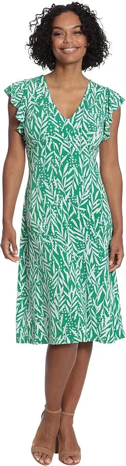 London Times Women's London Times Women's Dresses Leaf Print V-Neck Ruffle Sleeve Dress