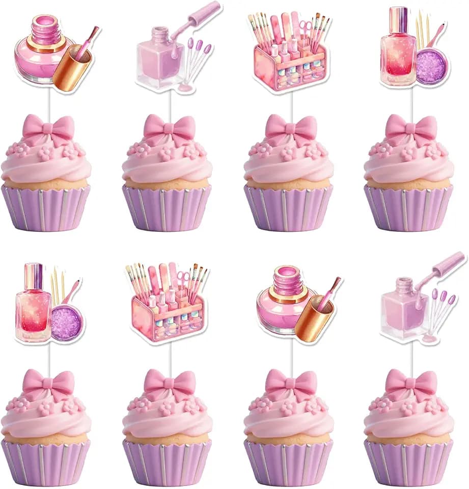 Sursurprise Manicure Pedicure Party Decorations, 24PCS Nail Polish Cupcake Toppers, Mani Pedi Cupcake Decor, Spa Makeup Cosmetics Party Supplies for Girls Women Birthday