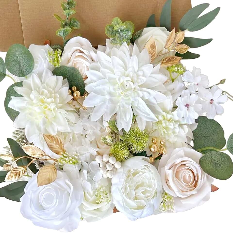 Ivory White Artificial Flowers Combo Box Set Silk Dahlia Roses Gold Leaves Stems DIY Bridal Wedding Bouquets Cake Boho Fake Floral Arrangements Baby Shower Party Table Centerpieces Home Decor Bulks