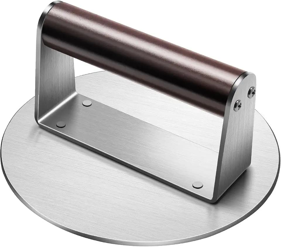 Stainless Steel Burger Press, 6.3" NonStick Hamburger Smasher Tool & Grill Press, 1.32lbs Grill Press with Wood Handle for Blackstone Camp Chef Pitboss Weber Griddle Grills(Round)