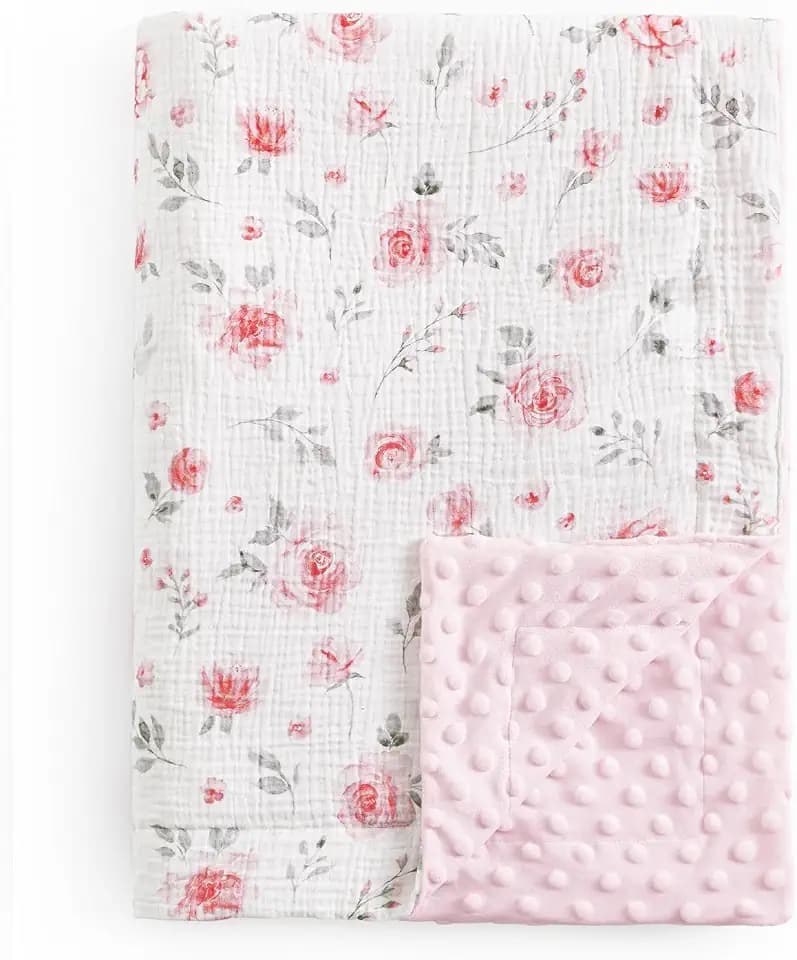 david's kids Muslin Minky Baby Blanket for Girls with Muslin Cotton Front and Dotted Fleece Backing, Breathable and Soft Lightweight Receiving Blanket for Newborns, 50x60 Inches, Floral