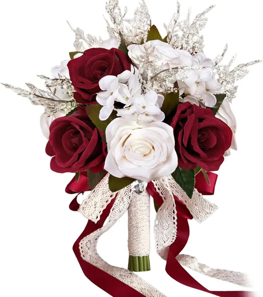 9 Inch Burgundy Wedding Bouquets for Bride Bridesmaid, Dark Red White Champagne Artificial Fake Roses Flowers Bridal Bouquet Winter Fall Boho Rustic Wedding Decoration Toss Bouquet Prom