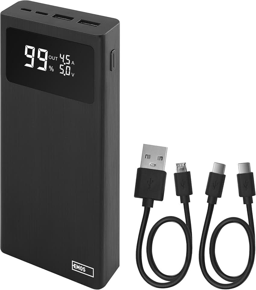 EMOS - Powerbank 20.000 mAh, 22,5 W Schnellladen, mit Display und Pass-Through, 3 Ausgänge, für Smartphone, Tablet und Mobile Geräte, USB-C Kabel inklusive - Schwarz