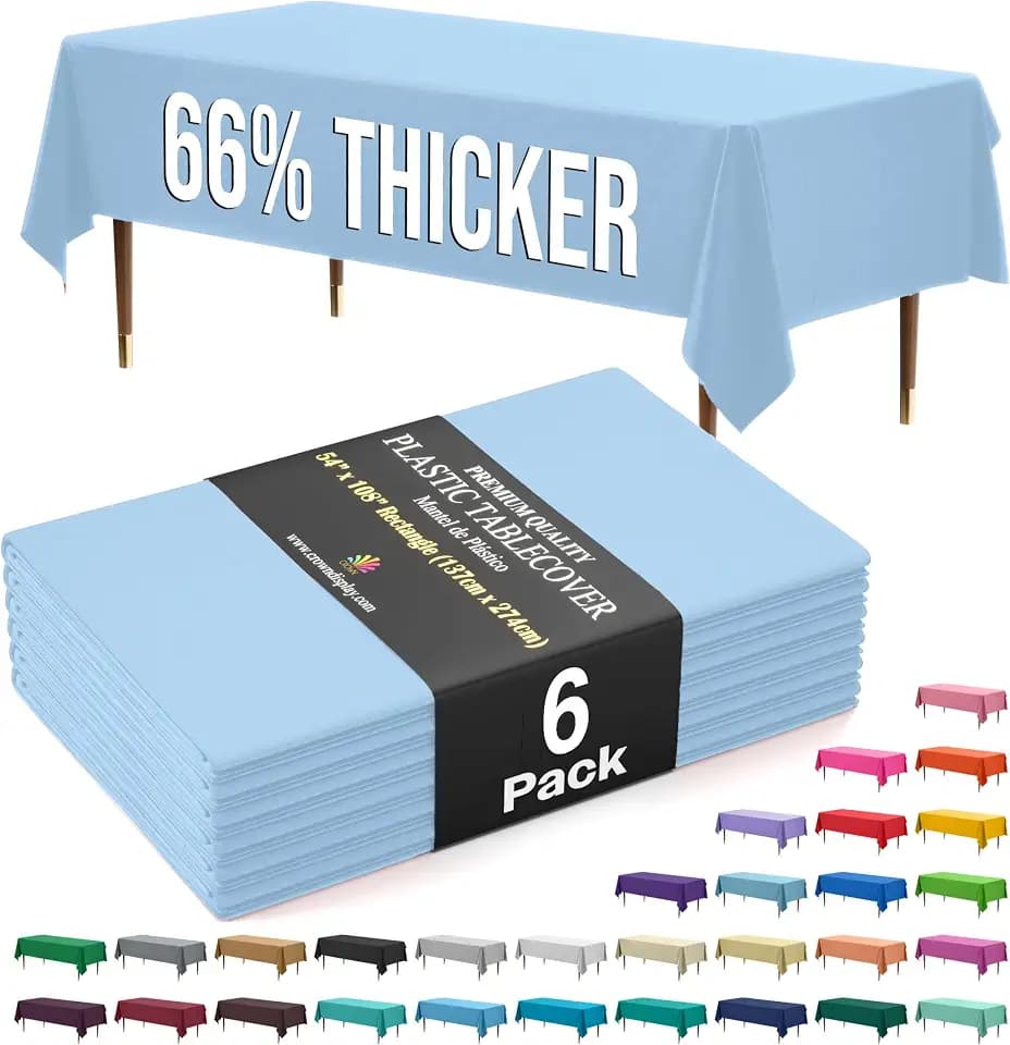 Exquisite 66% Thicker Premium Plastic Table Cloth Rectangle Table Cover 0.5 Mil 6 Pack Light Blue Table Cloth 54 Inch x 108 Inch Disposable Tablecloth Won't Tear Easily Like Cheap Thin Brands