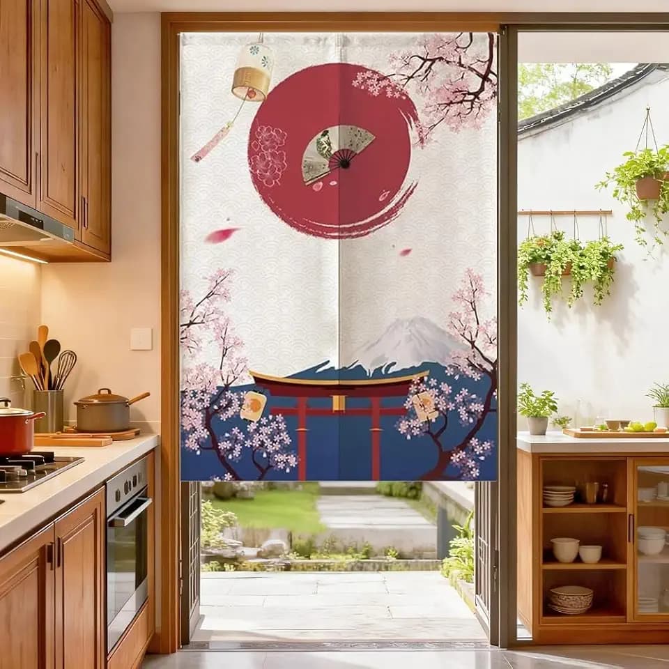 MYRU Japanese Noren Fuji Doorway Curtain Tapestry (Pink Cherry Blossom,33.5 Inches x 59 Inches)