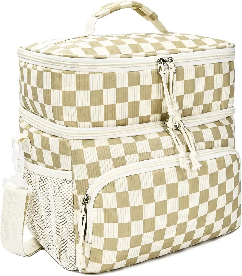 HowFly Corduroy Insulated Lunch Bag Box for Women Men - Double Deck - Soft Reusable Thermal Portable Cooler Tote Bag for Work Travel, Khaki Checkered
