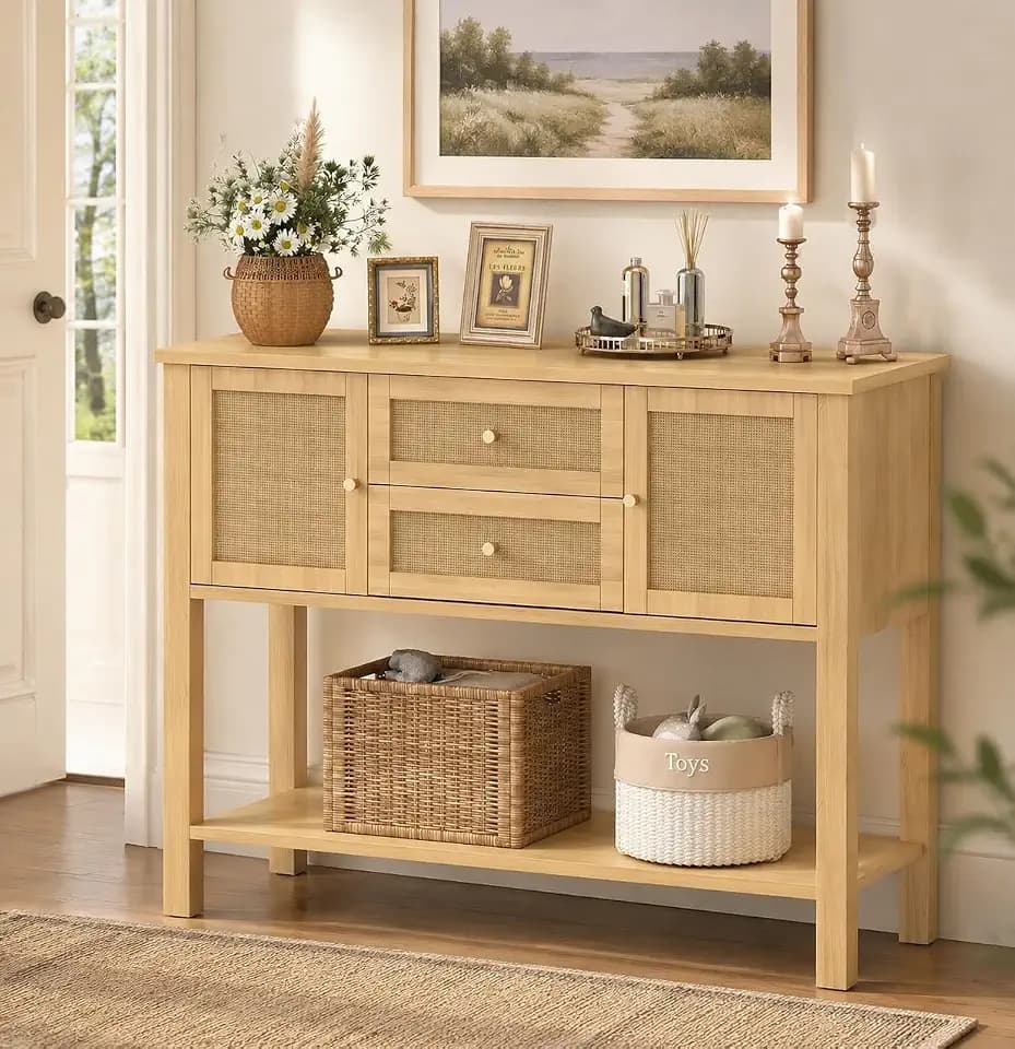 YOSHOOT Rattan Console Table with Storage, Entryway Table with 2 Doors & 2 Drawers, Farmhouse Coffee Bar for Kitchen, Living Room, and Entryway, Oak