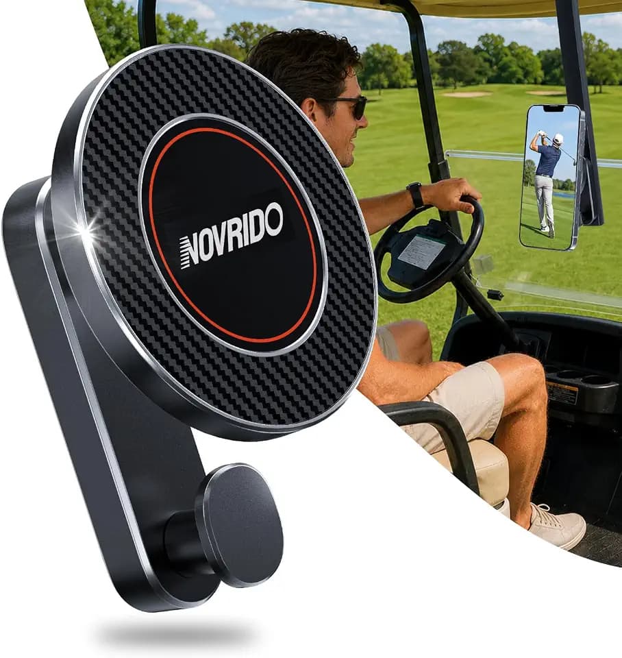 Magnetic Golf Cart Phone Holder for MagSafe iPhone, Zinc Alloy Golf Cart Phone Mount with Gear Hook, 20-Magnet Strong Hold, 360° Rotation for Swing Recording, Fits iPhone 12–17 & Other Smartphones
