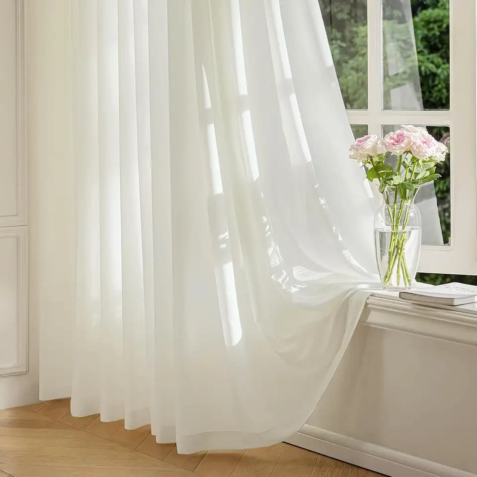 FMFUNCTEX Cream Sheer Curtains, 108 Inch, Rod Pocket, 2 Panels for Bedroom