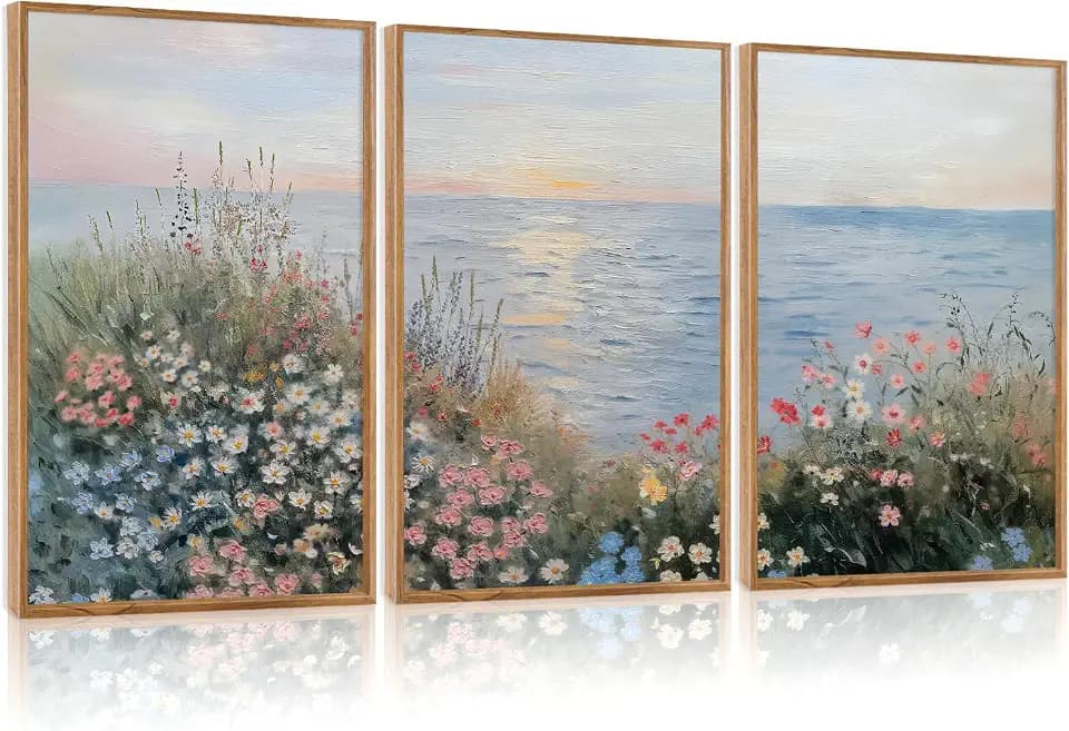 CHDITB Coastal Wildflower Framed Wall Art, Minimalist Beach Wall Decor, Nature Seaside Flower Painting, Modern Neutral Botanical Artwork Floral Ocean Art Prints For Living Room Bedroom Decor 12”X16”X3