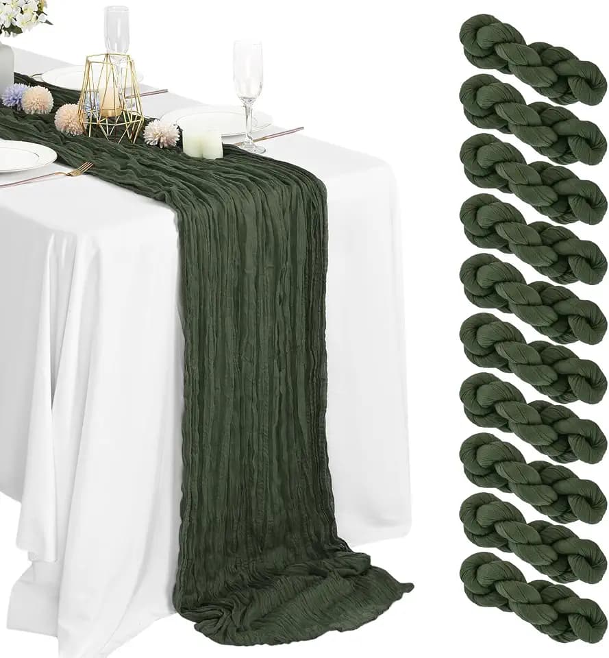 10 Packs Cheesecloth Table Runner, 10Ft x 35" Deep Green Rustic Gauze Boho Wedding Table Decor, Perfect for Wedding Party and Bridal Shower
