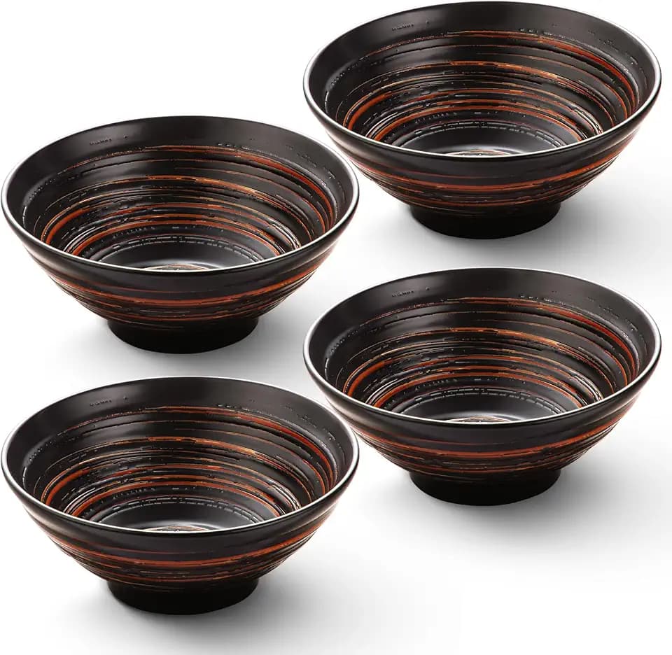 YUN TAO Ramen Bowl Set, 35 Oz Large Black Ceramic Ramen Bowls Set of 4, Deep Soup Bowls, Japanese Asian Pho Noodle Bowls for Daily Use