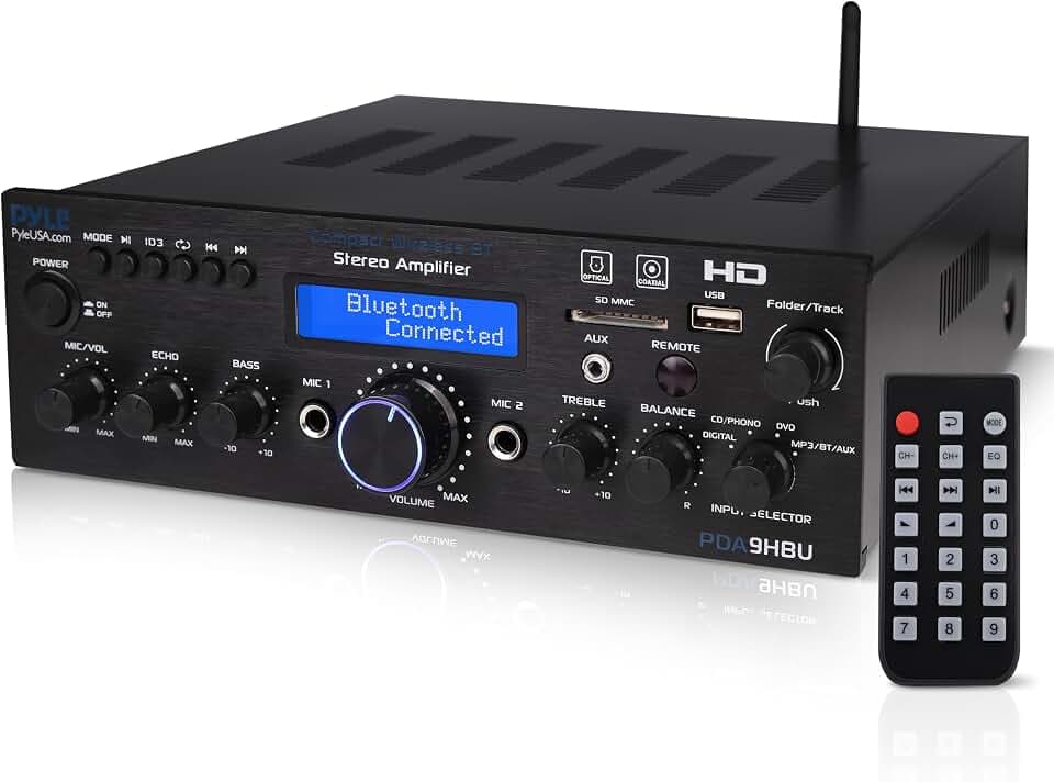 Pyle Stereo Verstärker, 200W Bluetooth Verstärker mit HDMI, Koaxial, USB AUX und Mic- Eingang, Mehrkanal- mit Fernbedienung, Ideal fur Heimkino TV, Musikstreaming und Karaoke