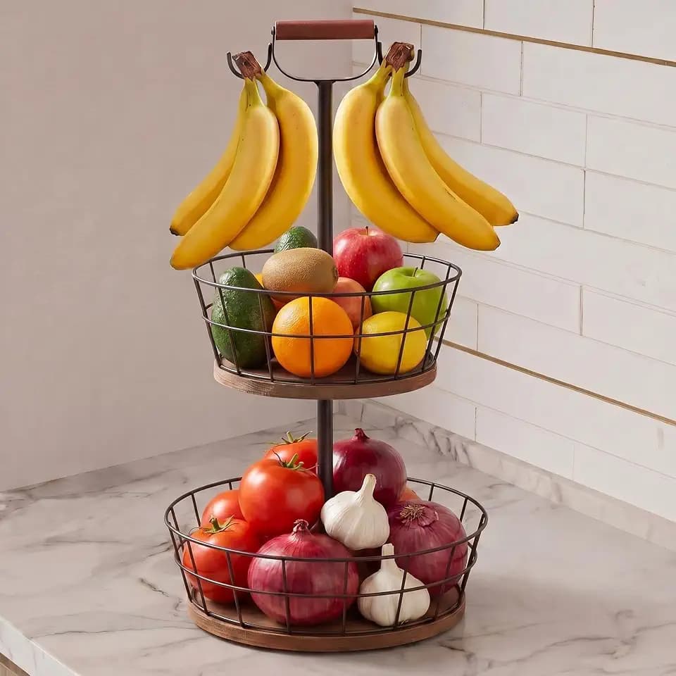 Roowest 2 Tiered Fruit Bowl with Banana Hanger Wooden Base Countertop