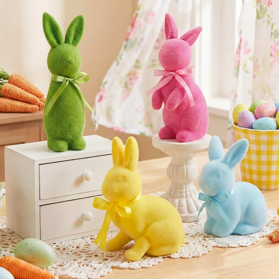 Wesiti 4 Pcs Easter Flocked Bunny Table Decoration with Bow Tie 9/7 Inch Flocked Bunnies Figurines Table Centerpiece Rabbit Lawn Garden Tabletop Decor for Easter Spring Home Office Indoor Party Gift