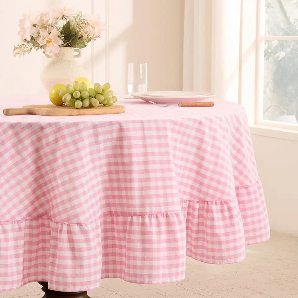 Romanstile Gingham Ruffled Round Tablecloth, 70 Inch, Pink