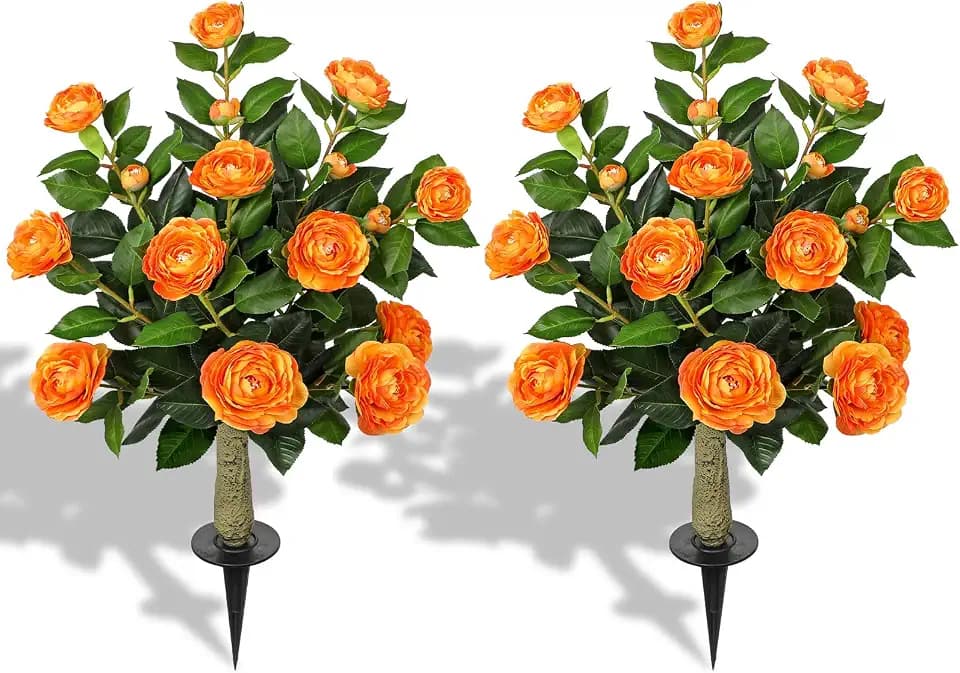 33" Artificial Camellia Tree with Ground Spike for Outdoor Decor, Orange