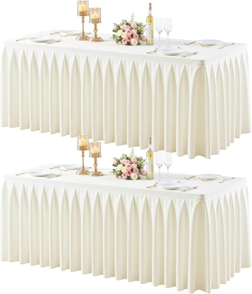 gogoparti Table Skirts for Rectangle Tables 6ft, 2 Pack Ivory Table Covers for 6 Foot Tables Wrinkle Free Stretch Table Cloths with Pleated Skirt Fabric for Banquet, Party, Wedding