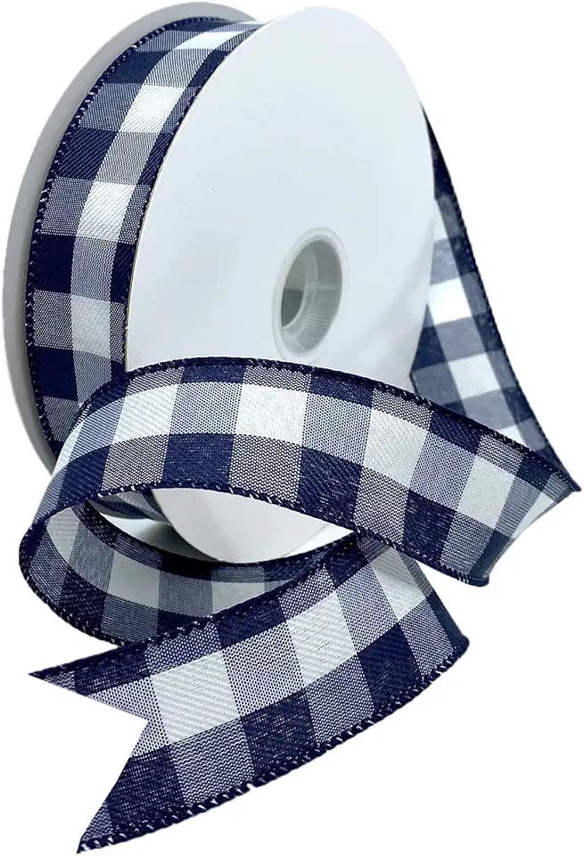 Morex Ribbon Wired Gingham Style Ribbon Navy Blue