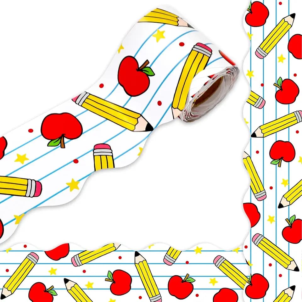 FYSUIMU 32.8Ft Back to School Bulletin Board Border Pencil Apples Workbook Die Cut Trim Border Roll for First Day of School Chalkboard Wall Decor
