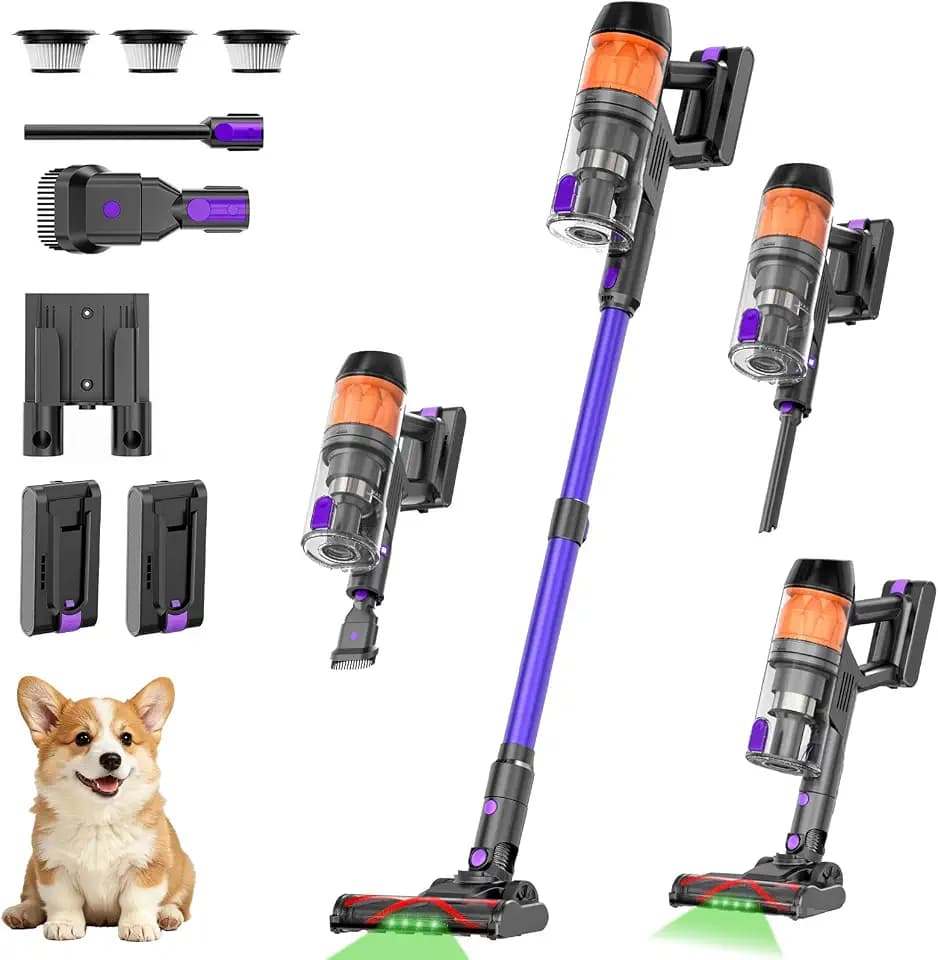 Cordless Vacuum Cleaner, 120Mins Runtime with 2 Batteries, 500W 40KPa Vacuum Cleaners for Home, Green Light Anti-Tangle Brush & Wall Mount Charging, Lightweight for Pet Hair Carpet Hard Floors