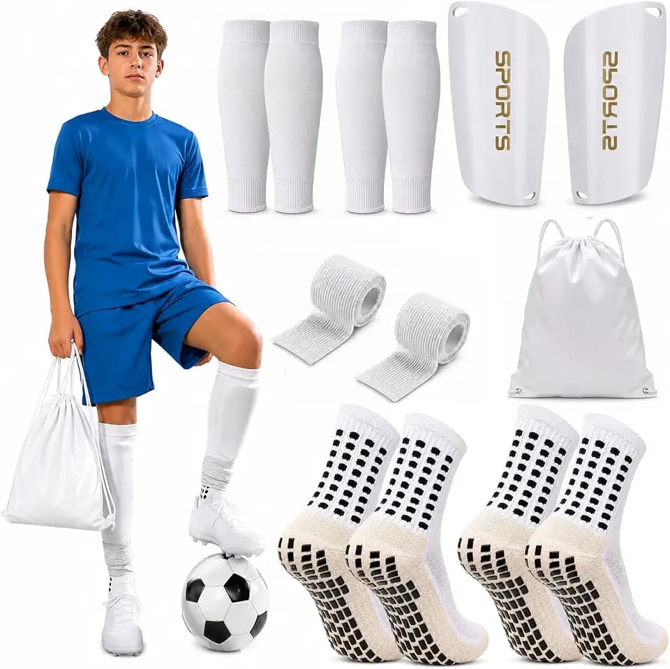 2 Pair Kids Grip Soccer Socks Set with Shin Guards, Sleeves, Tape & Bag, Black