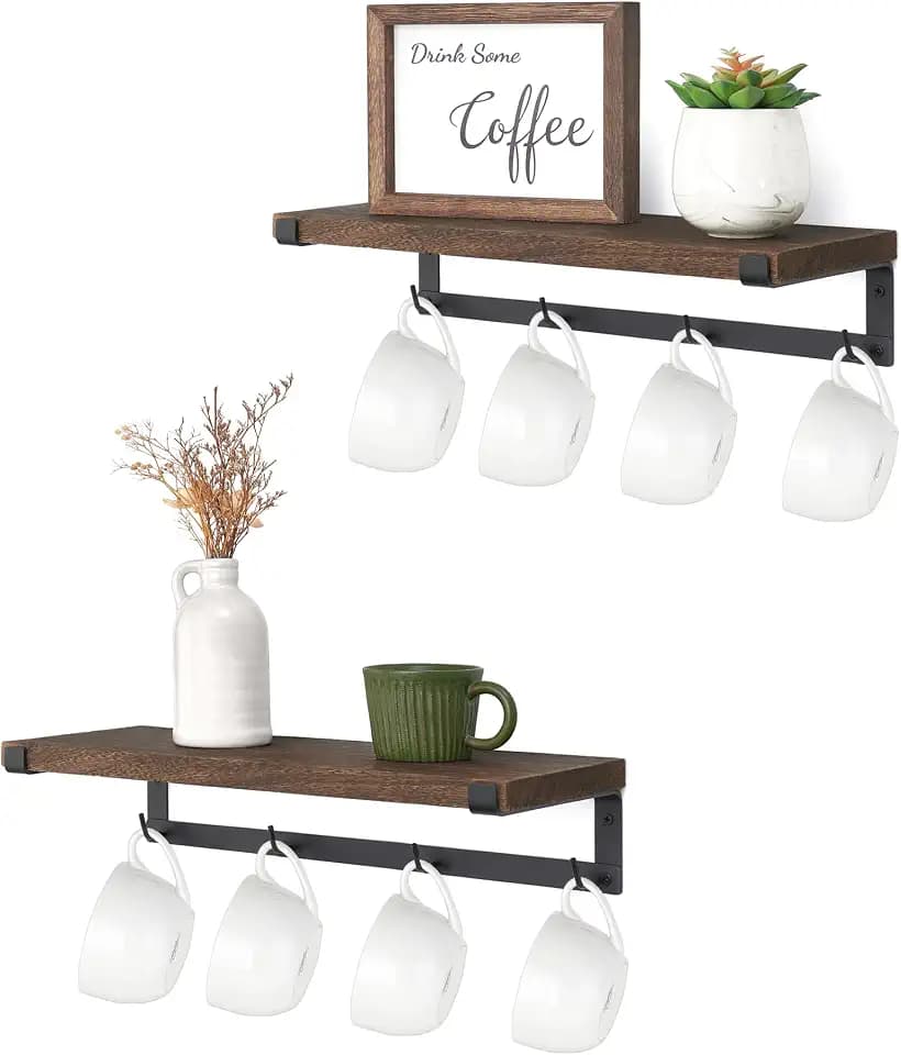 Dahey Coffee Mug Holder Wall Mount with Hooks, 2 Pack Wood Cup Shelf, Brown