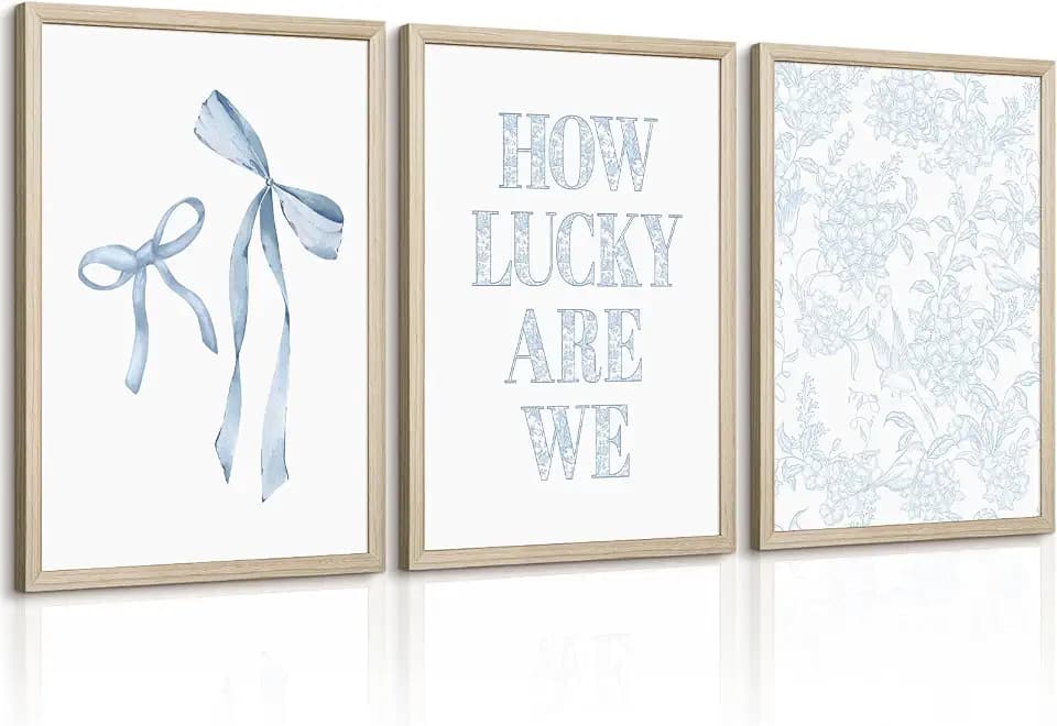 Light Blue Bow Floral Wall Art Preppy Coquette Canvas Wall Decor Aesthetic Trendy Poster Blue Bow Picture Chinoiserie Flower Painting How Lucky Are We Prints for Dorm Apartment 16x24x3 Inch Framed
