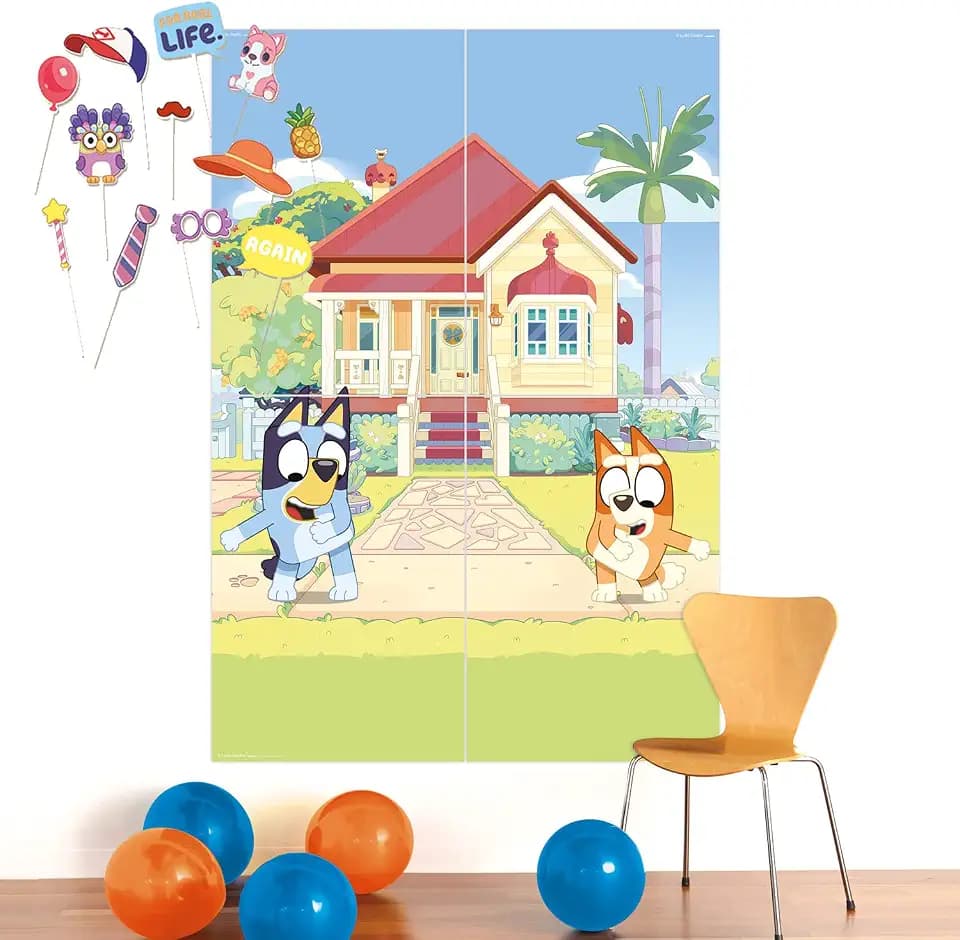 Amscan Bluey Scene-Setter-Set (4 Teile) & 12 Fotorequisiten Papier - 141,2 cm x 203,6 cm - Party-Deko-Set mit Fotohintergrund & Accessoires - Fotowand für Kindergeburtstag & Mottoparty