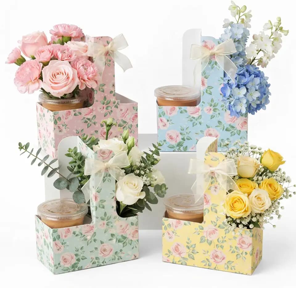 Epakh 24 Pack Floral 2 Cup Drink Carrier with Handle, Gift Holder