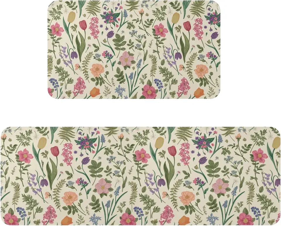 Spring Floral Kitchen Mats for Floor Set of 2 Pink Green Flower Ferns Leaves Botanical Summer Vintage Kitchen Rugs Non Slip Washable Absorbent Seasonal Kitchen Runner Rugs Decor,17x30 and 17x47 Inch