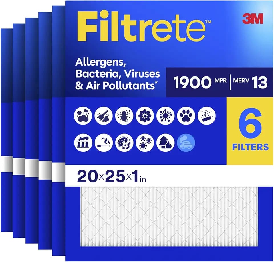 Filtrete 20x25x1 AC Furnace Air Filter, MERV 13, MPR 1900, Premium Allergen, Bacteria & Virus Filter, 3-Month Pleated 1-Inch Electrostatic Air Cleaning Filter, 6-Pack (Actual Size 19.69x24.69x0.78 in)