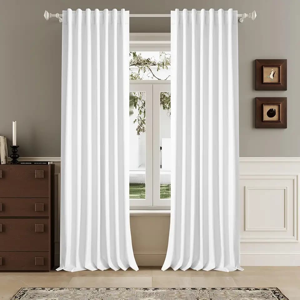 Pure White Linen Full Blackout Curtains 108 Inch Length 2 Panels Set for Living Opaque Privacy Back Tab Thermal Insulated 100% Black Out Room Darkening 9ft Window Curtain Drapes 108 Inches Long