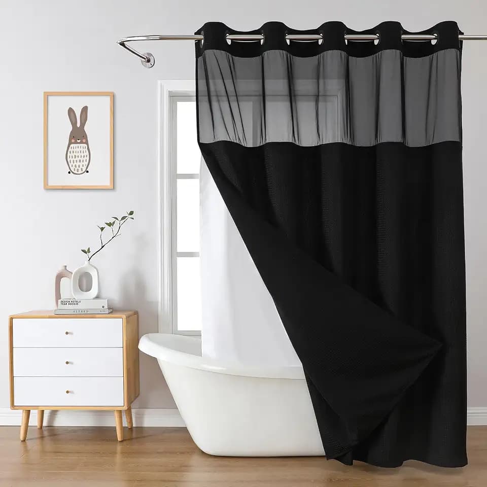 eachope No Hook Waffle Shower Curtain with Snap-in Liner, 71x74 Inch, Black