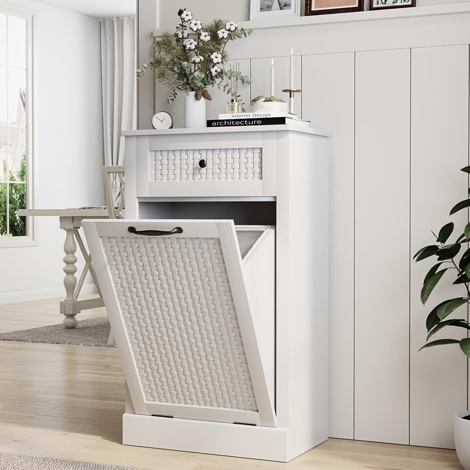 Tilt Out Laundry Hamper Cabinet, Rattan-Style Laundry Room Organization with Removable Laundry Basket, Hidden Wood Dirty Clothes Hamper with Drawer, 21.6" L x 13" W x 35.8" H, White