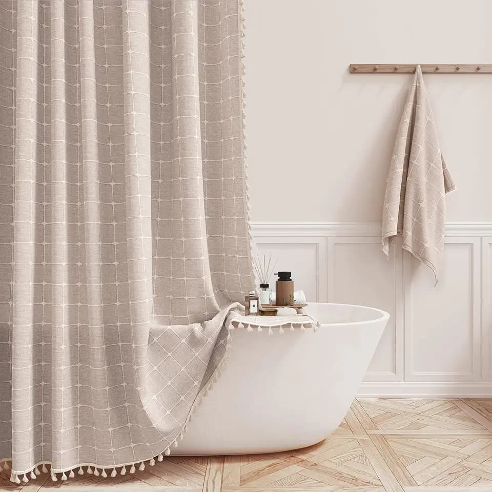 BTTN Taupe Boho Farmhouse Linen Heavy Duty Shower Curtain Set, 72x72, Tan