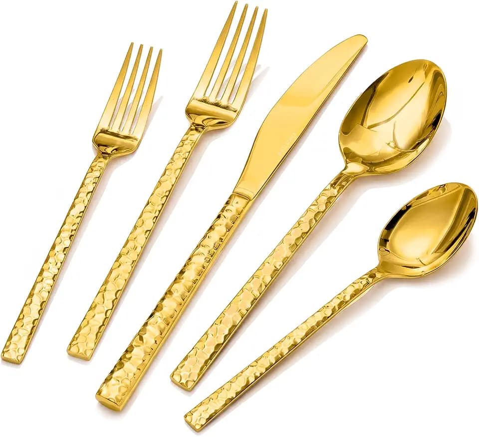 40 Piece Gold Silverware Set, 18/10 Stainless Steel Hammered Flatware for 8