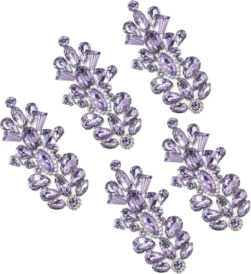 Lavender Rhinestone Applique Iron on Patches, Crystal Iron-On Sequin Embellishments for Shoulder Epaulettes, Wedding Sash, Headpieces, Women Dress DIY (5pcs, Lavender Purple)