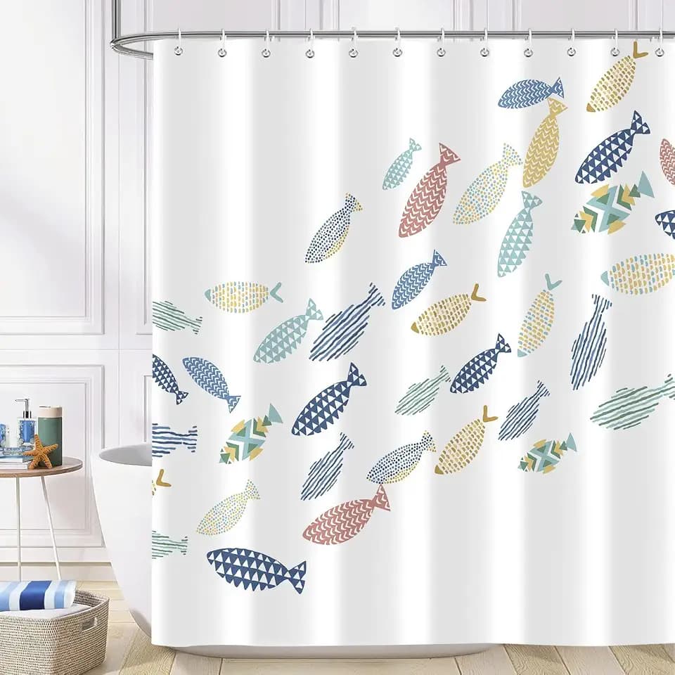 Colorful Fish Shower Curtain, Ocean Swiming Fishes Cartoon White Minimalist Shower Curtains Decor for Bathroom Set, Washable Fabric Cloth Waterproof with 12 Hooks, 72x78 Inch
