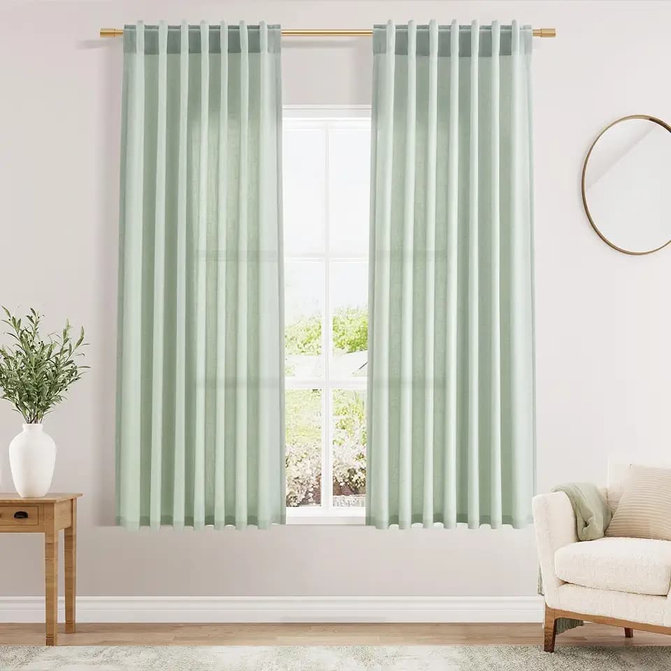 Aqua Green Linen Curtains 63 Inches Long 2 Panel Sets for Living Room Bedroom Rod Pocket Back Tab Light Filtering Drape for Kitchen Window Short Protect Privacy Curtain Modern Farmhouse Decor 52x63