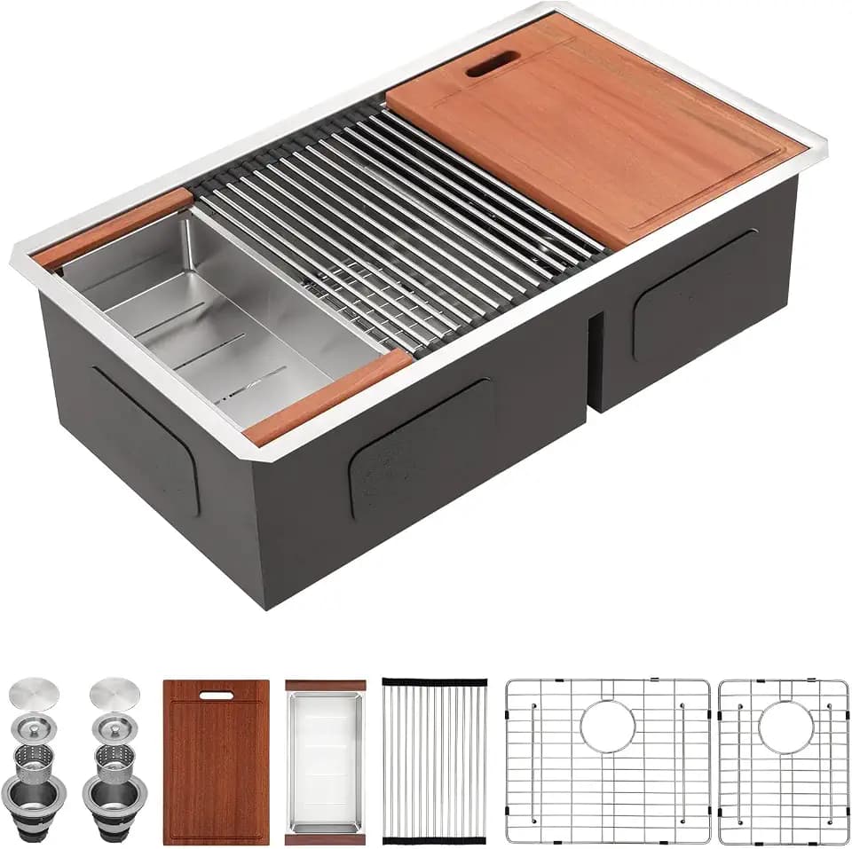 Sarlai 36 Undermount Kitchen Sink Double Bowl- 36 x 19 Inch Kitchen Sink Ledge Workstation Stainless Steel 16 Gauge Double Basin 60/40 Low Divide Under Counter Kitchen Sinks Basin