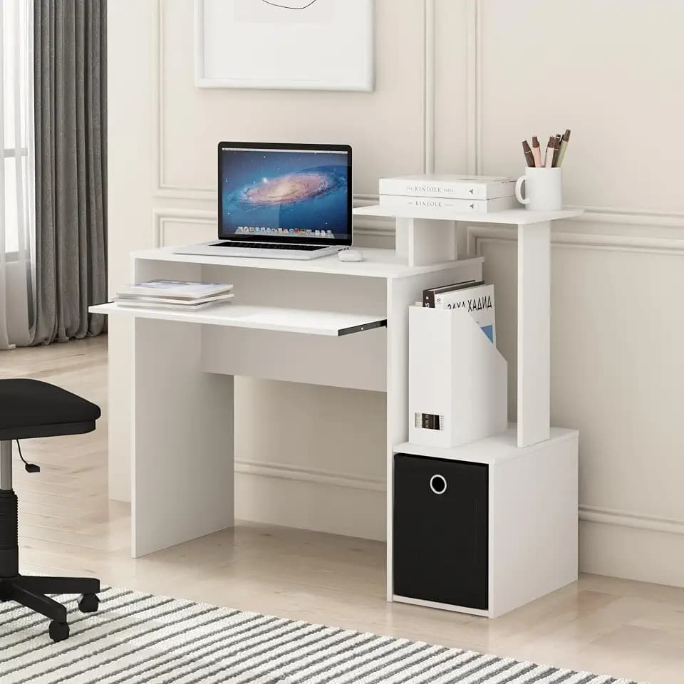 Furinno Econ Desk, 40-in Wide Gaming Desk with Keyboard Tray, Plain White