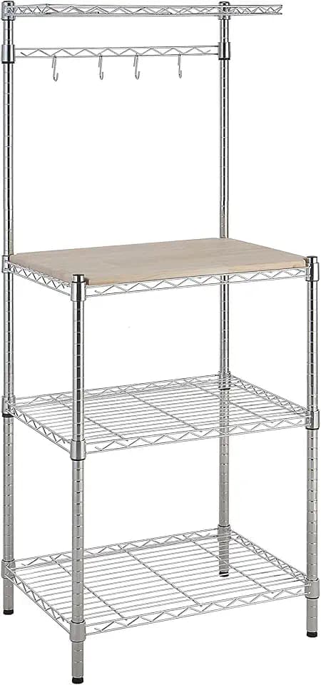Amazon Basics Kitchen Storage Baker's Rack with Removable Wood Top, Chrome/Beige, 24"W x 59"H x 18"D