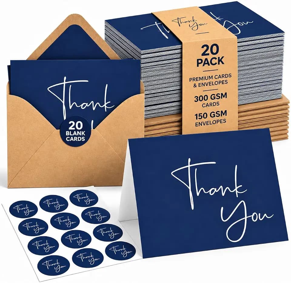 VNS Creations Thank You Cards With Envelopes - 20 Pack 4 x 6 - Navy Blue