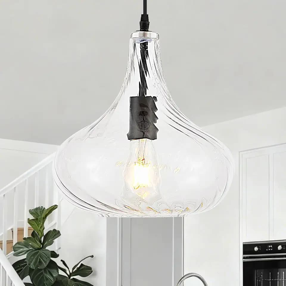 VILUXY Glass Pendant Lights 11inch Large Modern Black Pendant Lighting Fixtures for Kitchen Island Striped Shade 1 Light Single Ceiling Hanging Light for Kitchen Sink Dining Room Hallway, UL Listed