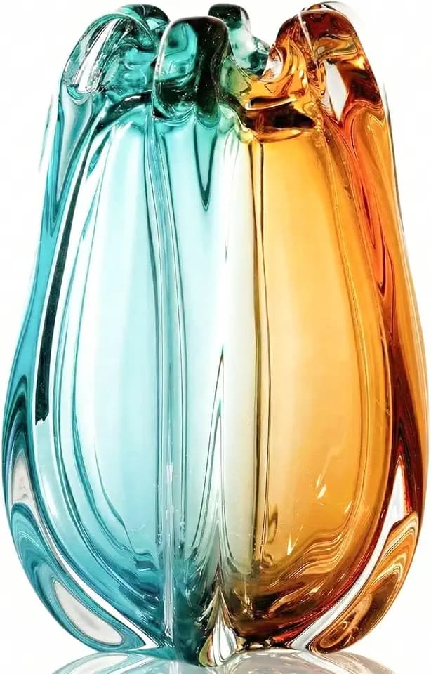 Hand Blown Art Glass Vase for Decor,Heavy Large Wide Mouth Flower Vase,Art Deco Murano Style Teal Amber Living Room Centerpiece,Modern Boho Home Accent,Bookshelves and Wedding Decorations (7.6in)