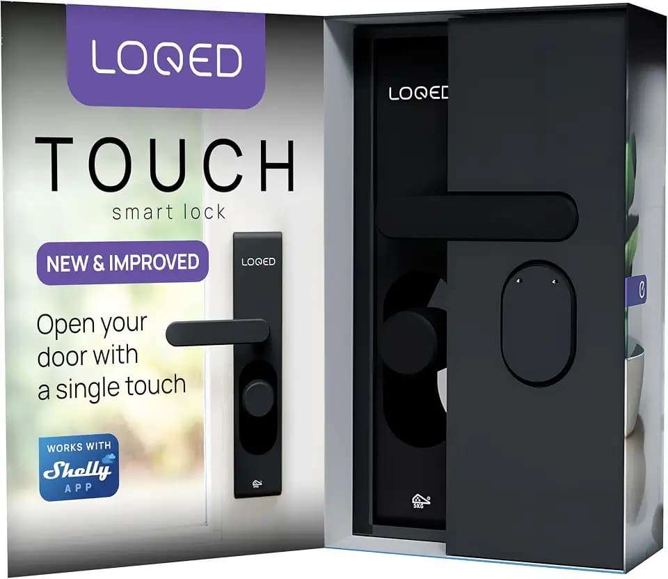 Shelly LOQED Touch Smart Lock Schwarz – WLAN Schlüsselloses Türschloss mit Touch-to-Open, Code und Digitalen Schlüsseln, Fernsteuerung über Shelly App, EN1303, EN15684 und SKG Drei-Sterne-Standard