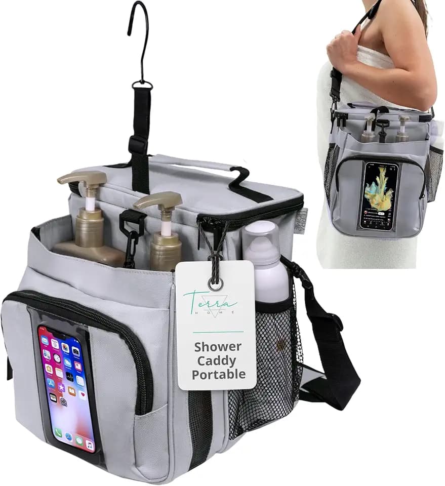 TERRA HOME Portable Shower Caddy Bag- Large Capacity, Quick Dry with Metal Hook - Hanging Shower Bag - Breathable Mesh Toiletry Shower Tote for Gym and College Dorm (Grey, Extra Large)